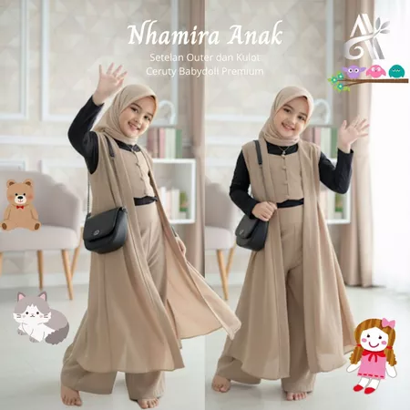 Nhamira Anak Tanpa Manset | Setelan busana muslimah anak outer dan kulot bahan ceruty baby doll tanpa manset