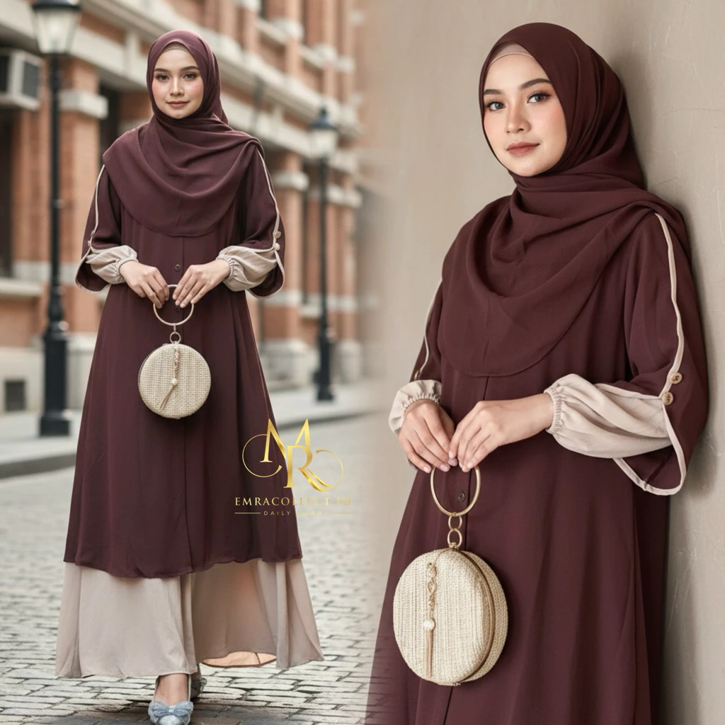 Setelan Rok One Set Rok Tunik Syar’i Full Kancing Set Rok Tunik Malaya Burgundy Set Pashmina Oval